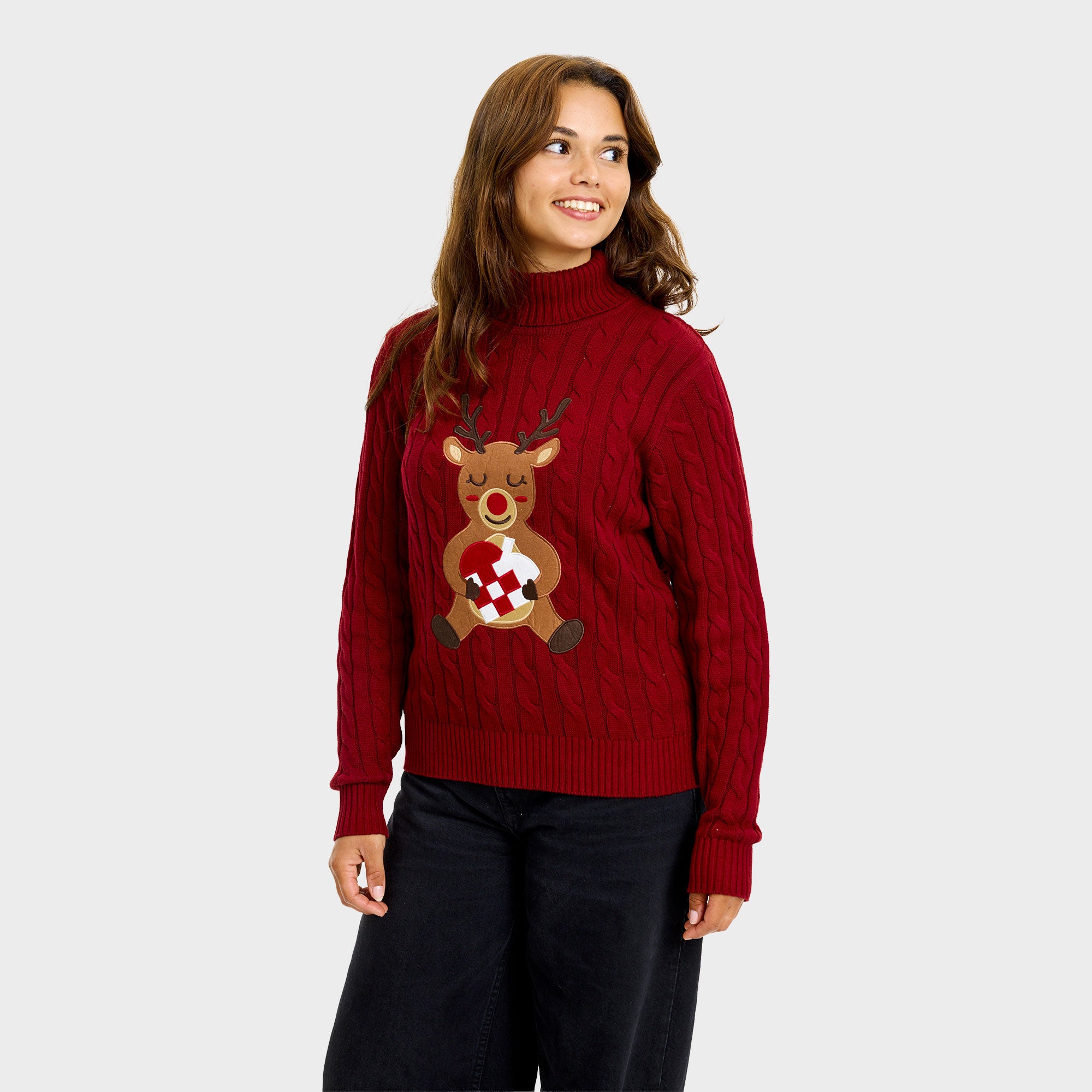 Loving reindeer cable knit julesweater - Dame.