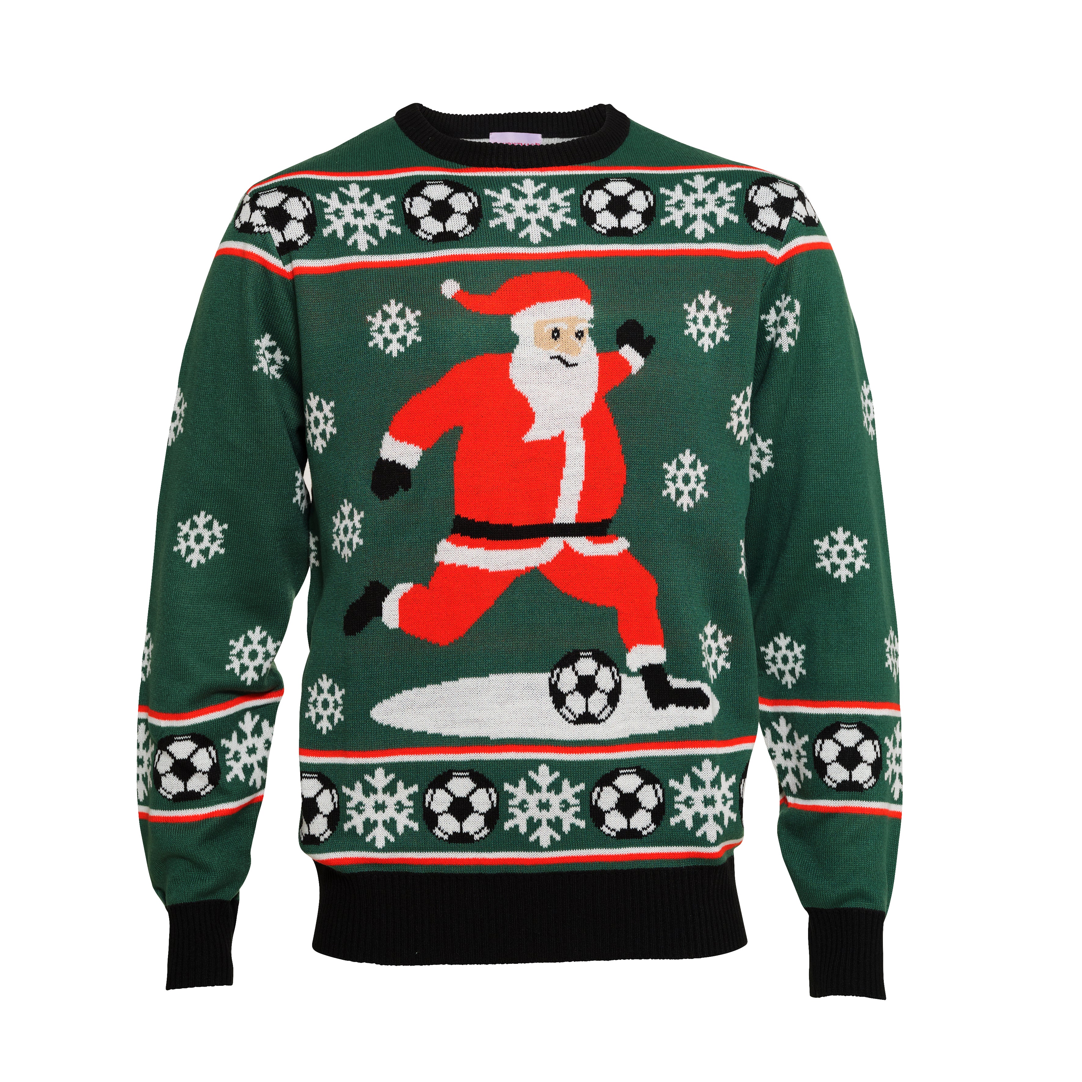 En grøn julesweater med fodbolde på.