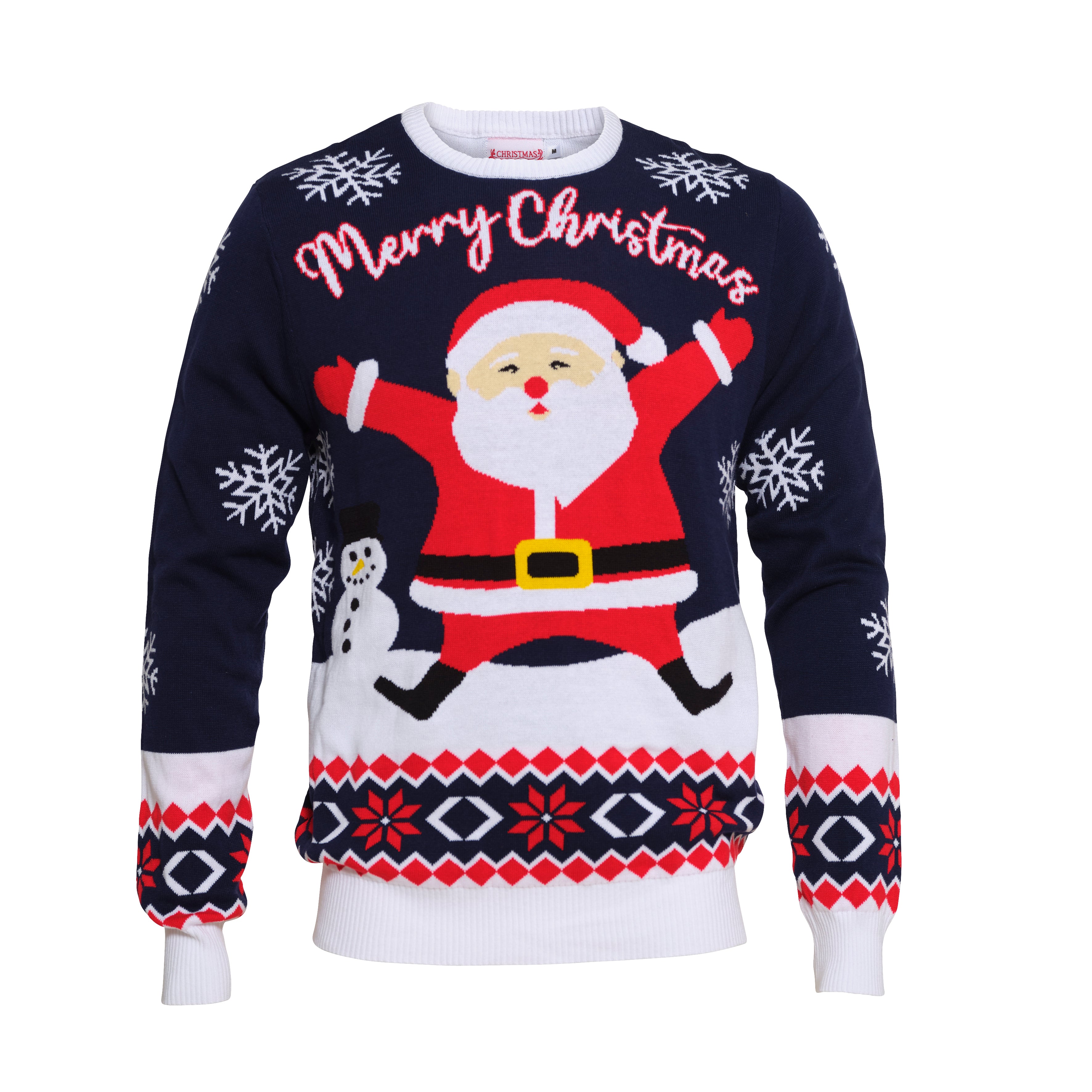 En blå julesweater med juleprint på.