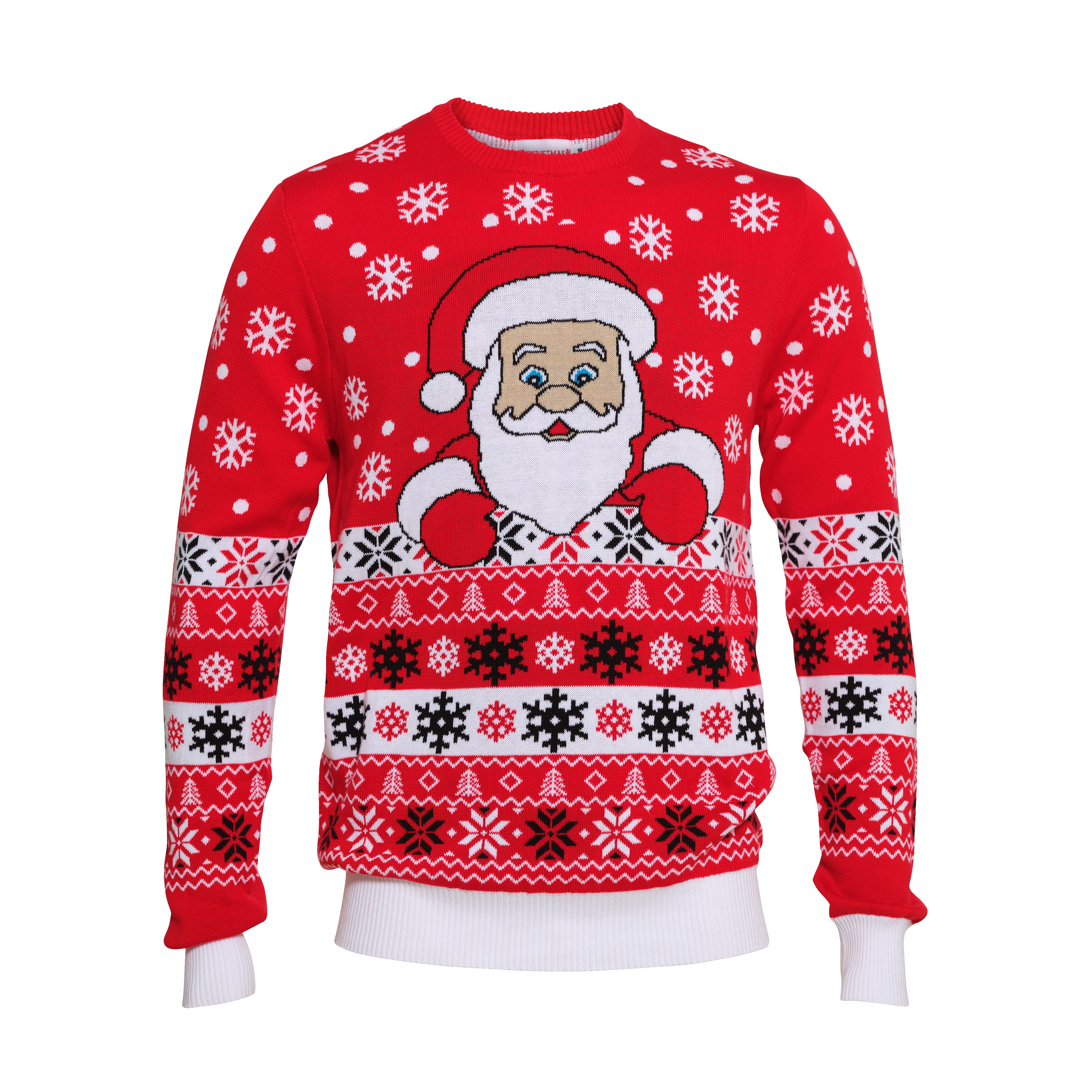 En julesweater med en julemand og med julemønster.