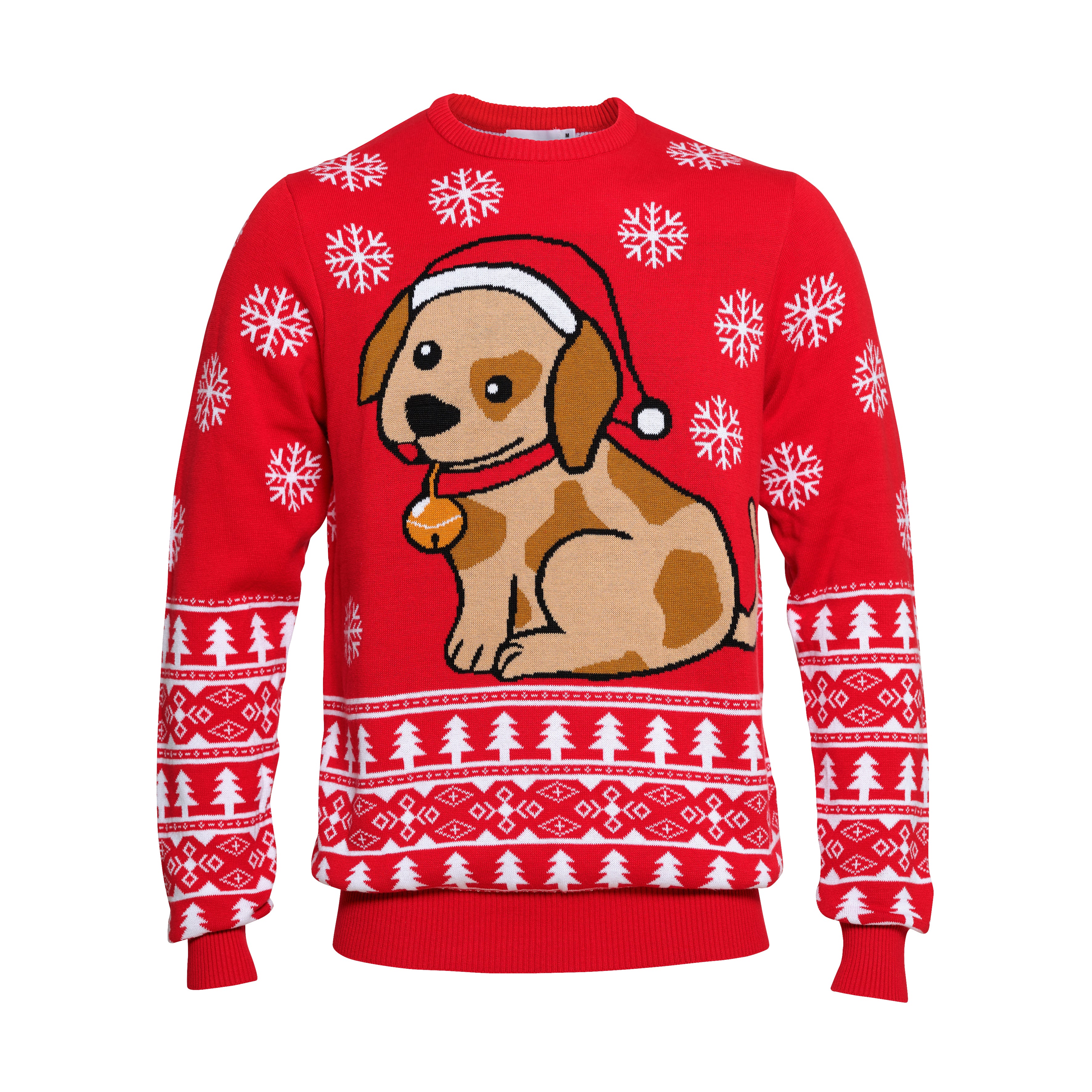 En rød julesweater med en hund og snefnug på.