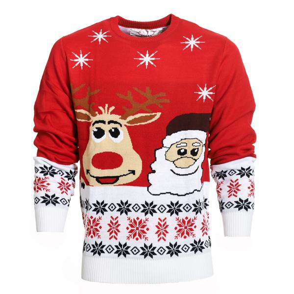 En rød julesweater med julemønster på.