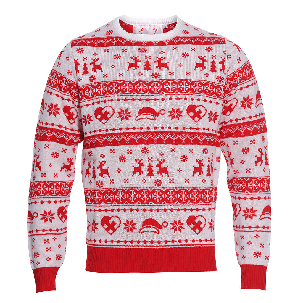 En rød og hvis julesweater med julemønster.