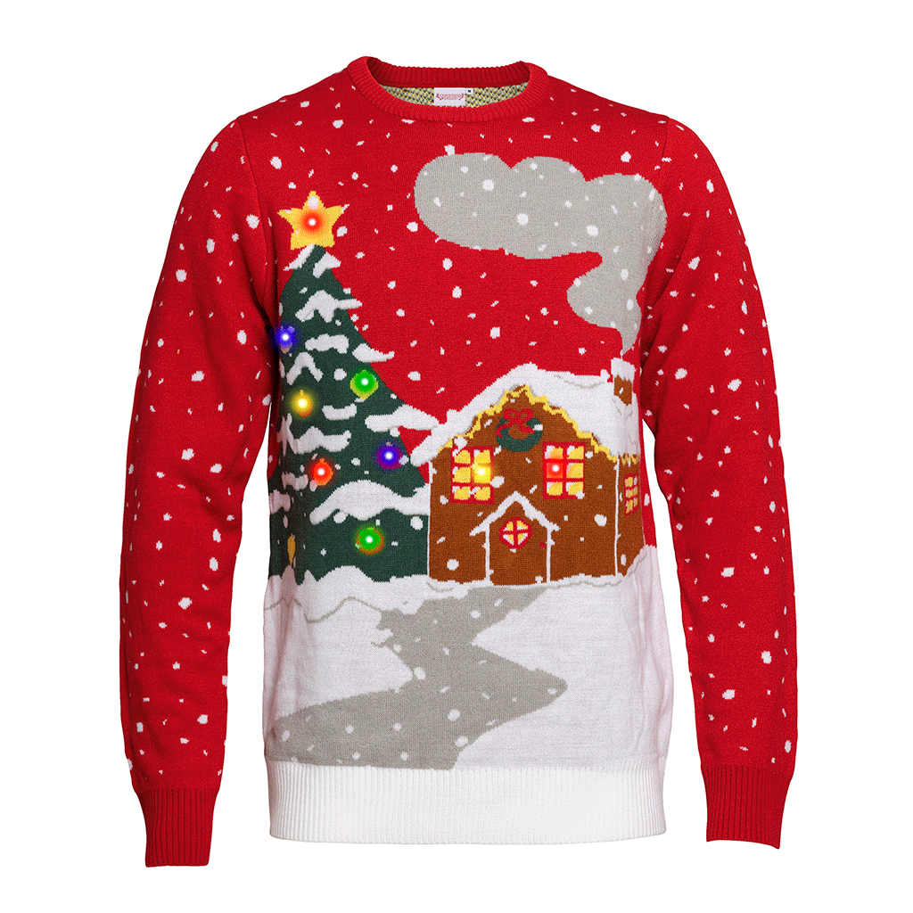 En rød julesweater med lys i en snelandskab.