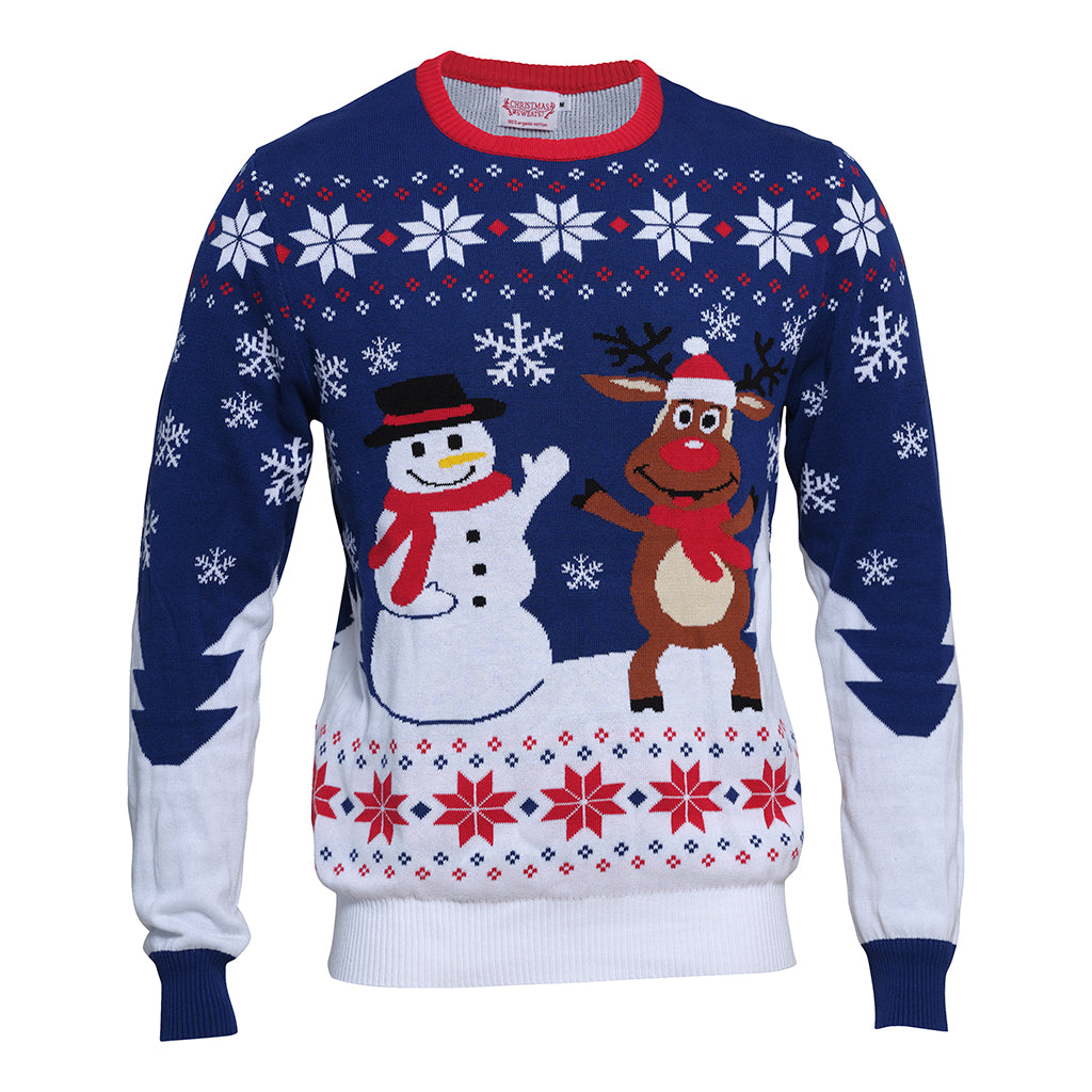 En blå julesweater med snefnug på.