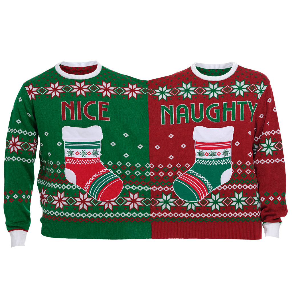 En venskabsjulesweater i rød og grøn.