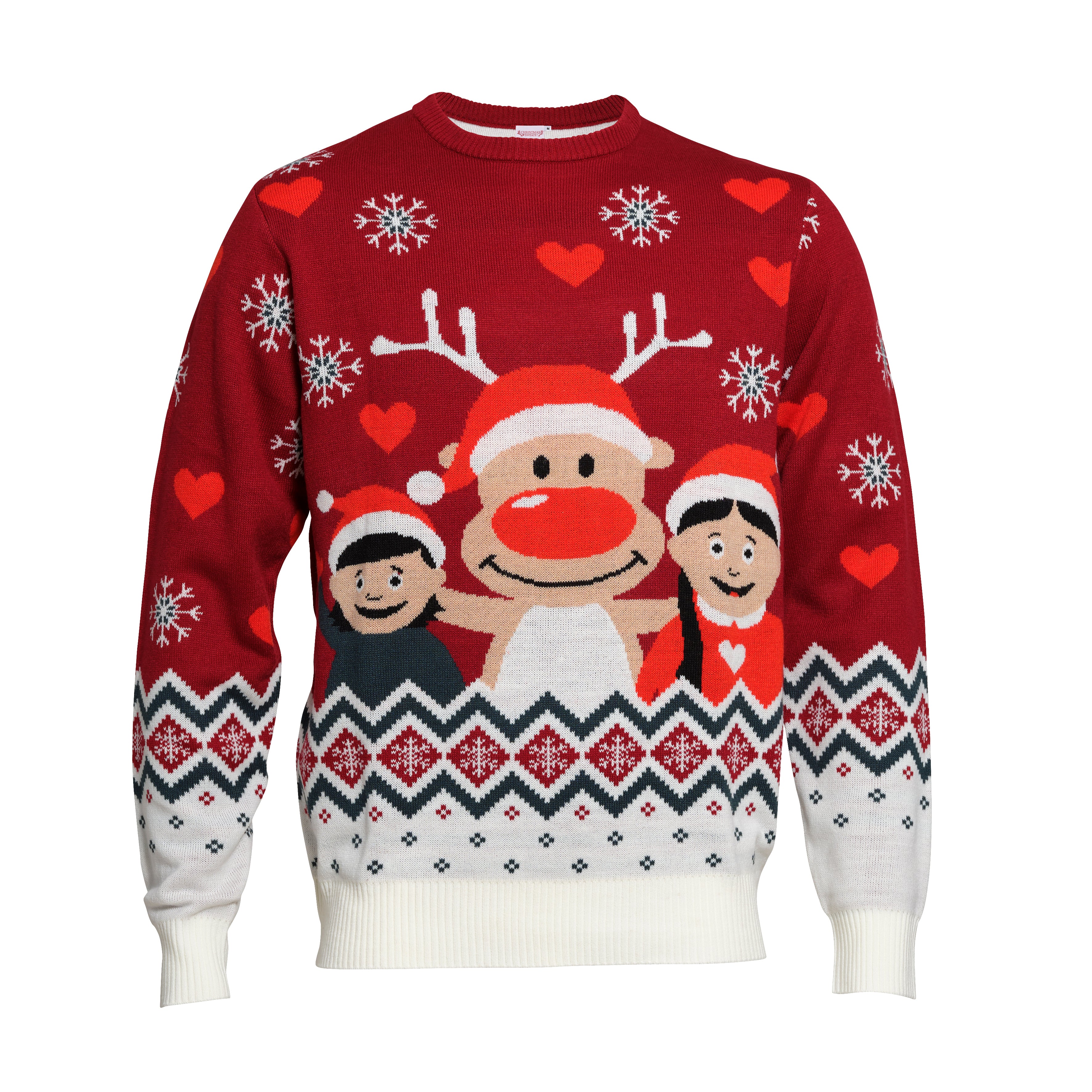 En rød julesweater med et rensdyr.