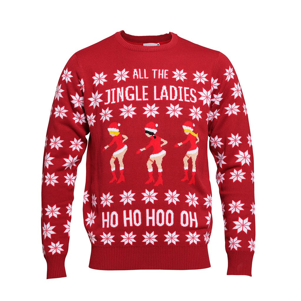 En rød julesweater med snefnug og dansende kvinder.