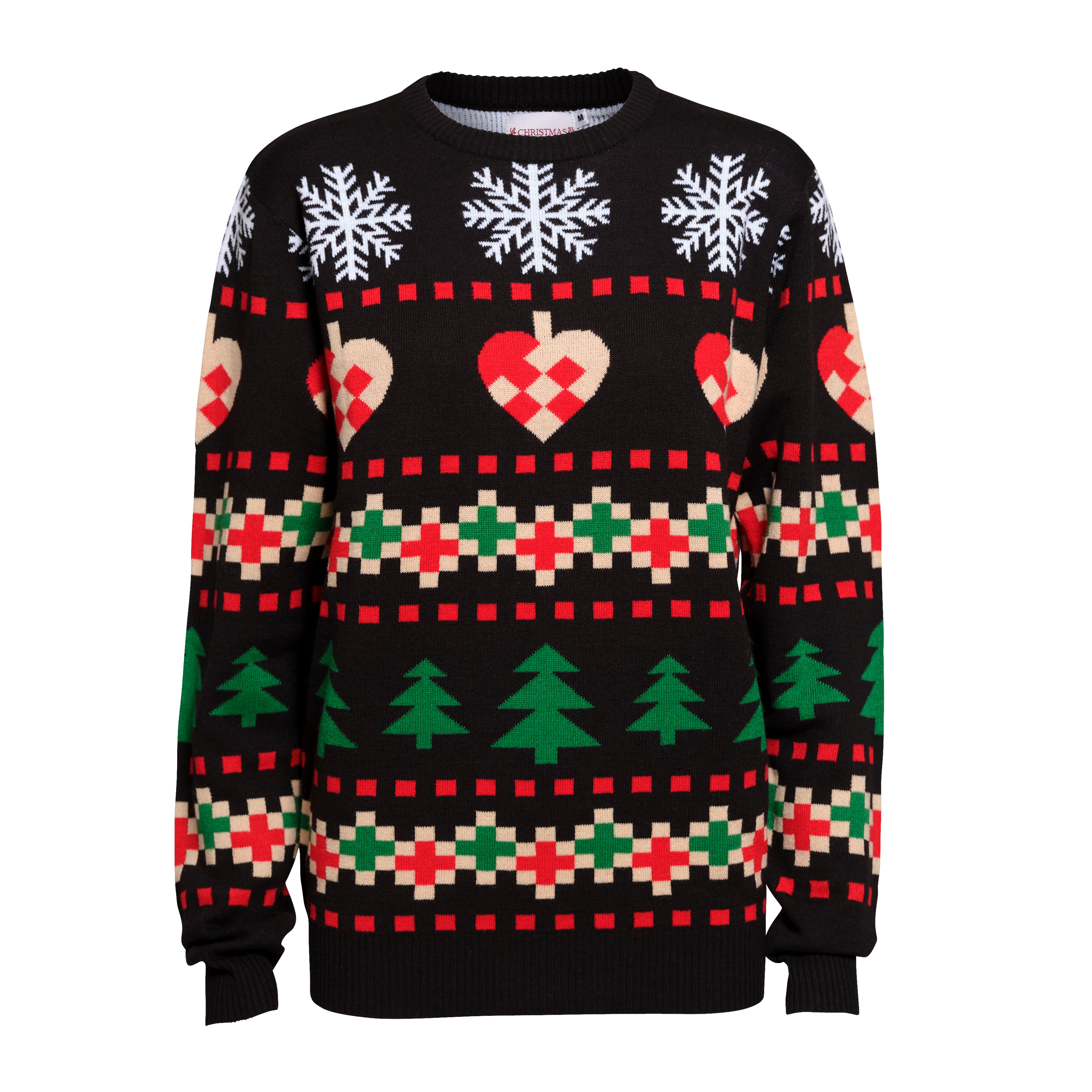 En sort julesweater med julemønster, snefnug, julehjerter og juletræer.