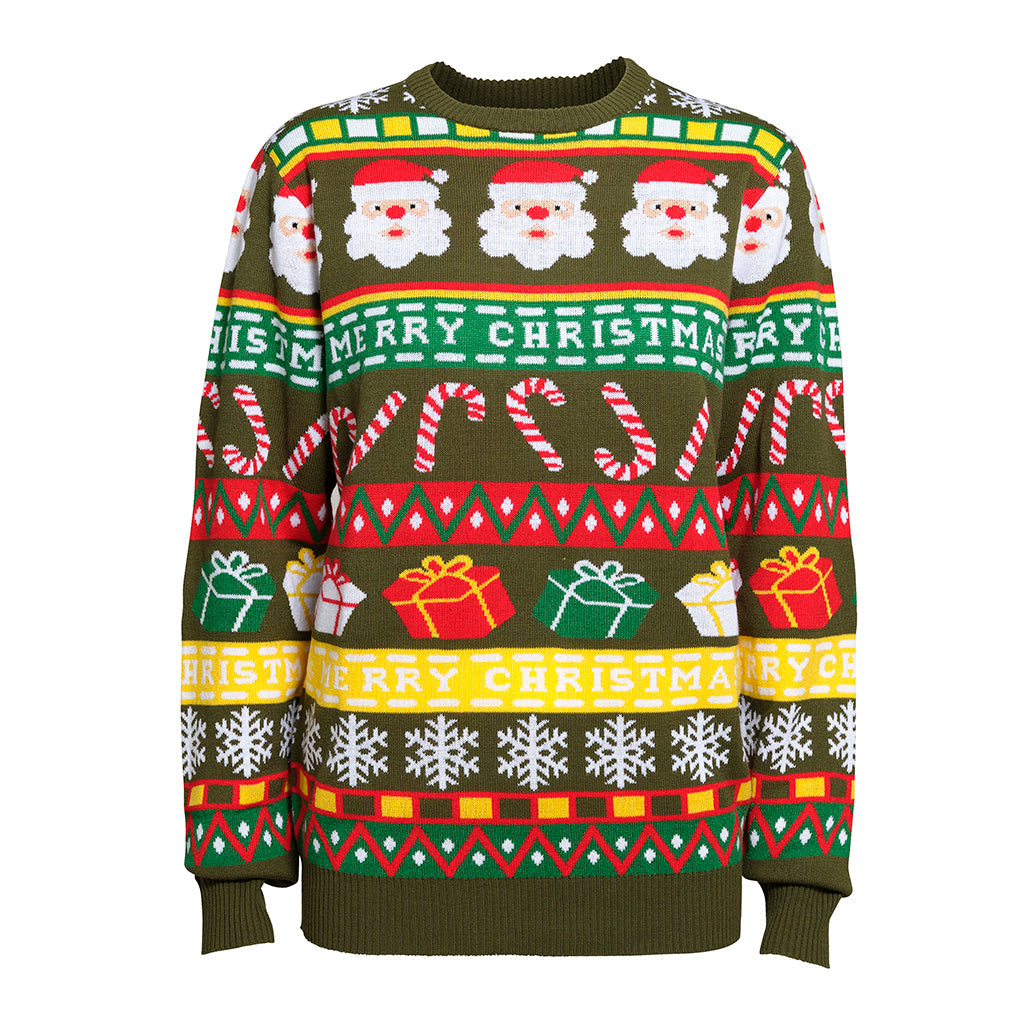 En julesweater med gaver, snefnug og julemønster på.