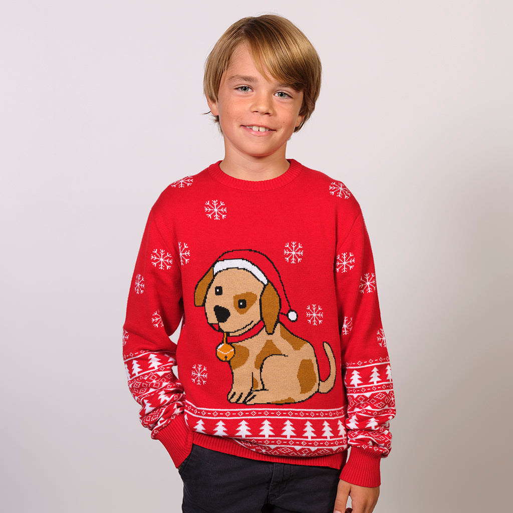 Et barn iført en rød julesweater med en hund på.