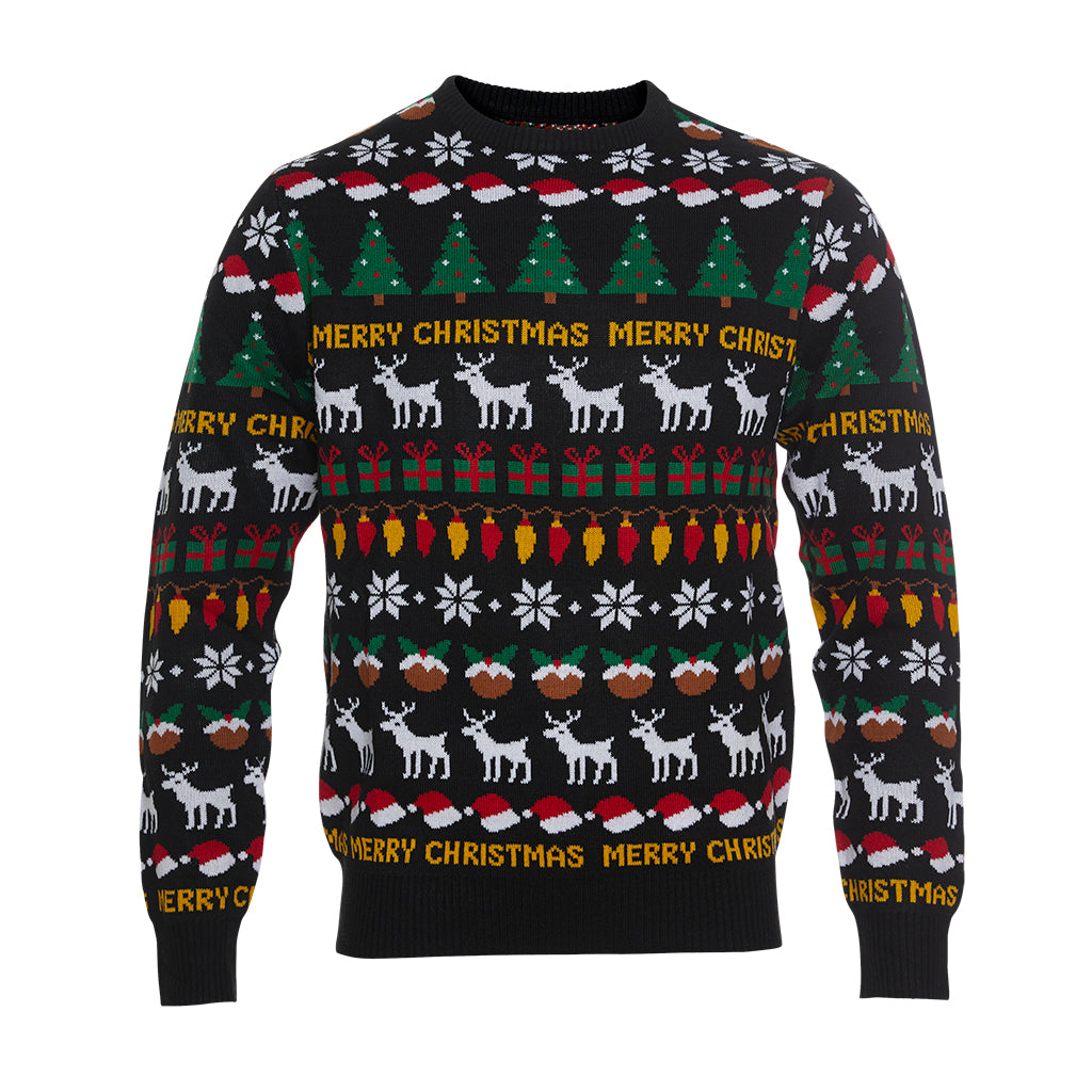 En sort julesweater med mønster, rensdyr og juletræer.