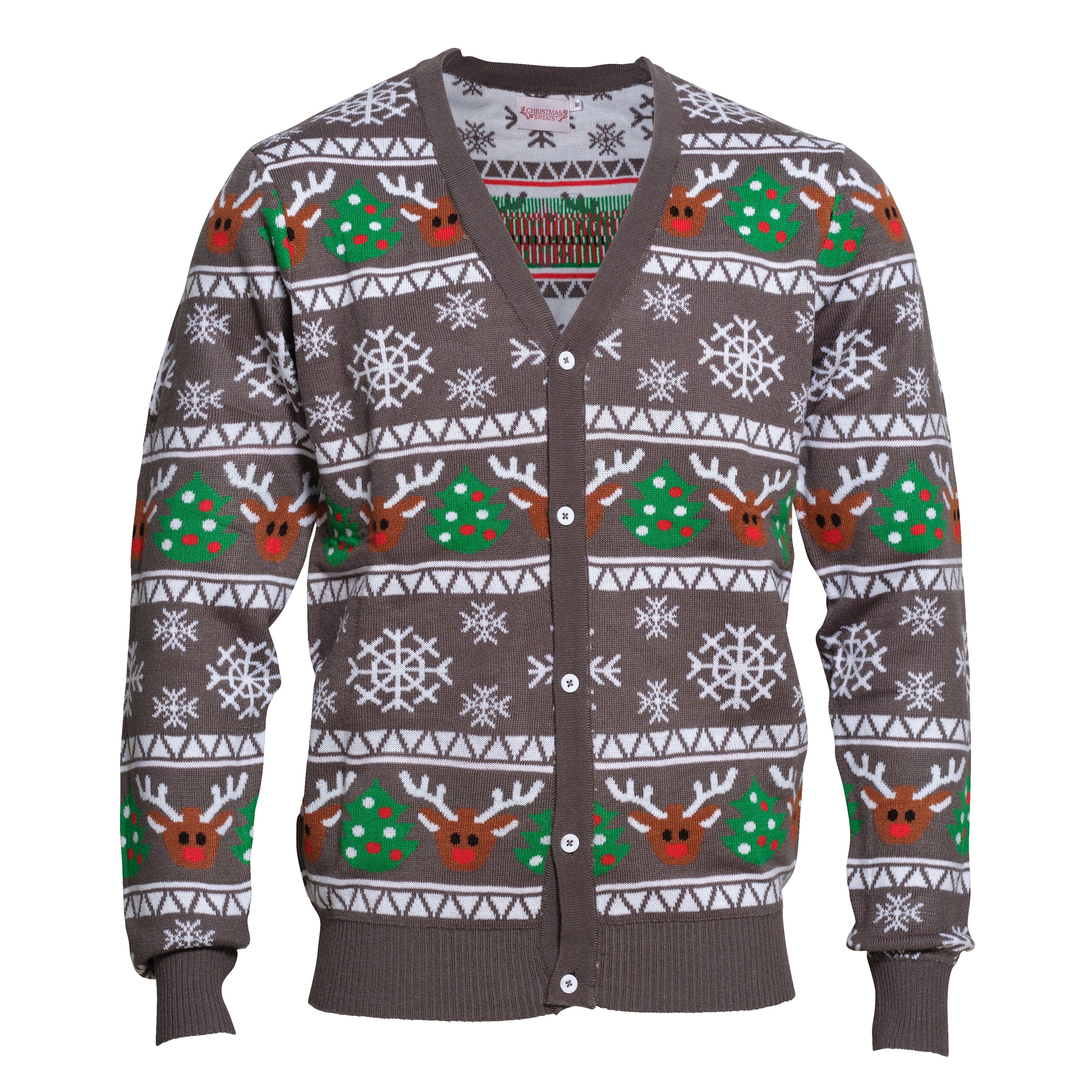 En julecardigan i farven grå med snefnug og rensdyr på.