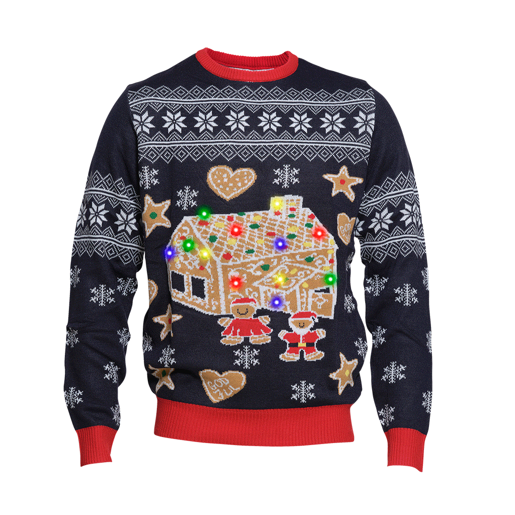 En blå julesweater med et kagehus, der blinker.