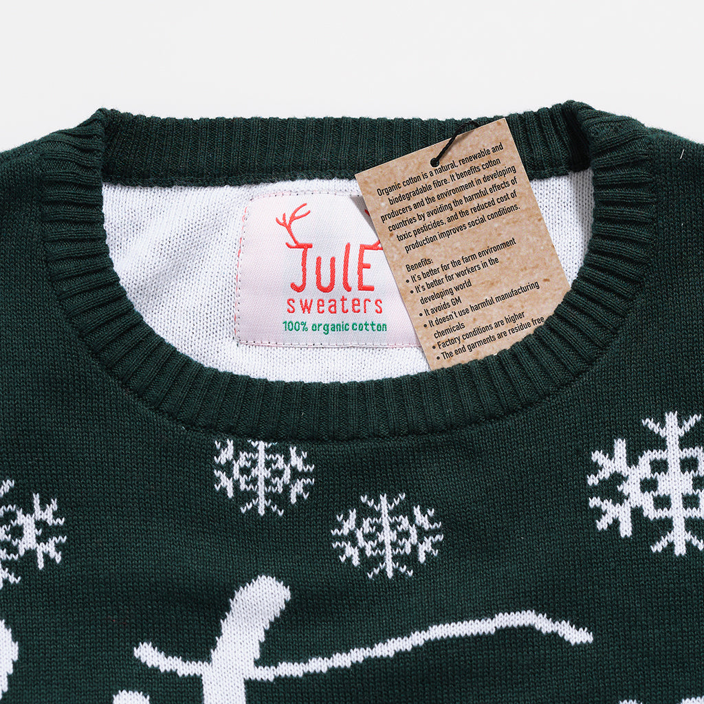 Et billede af toppen af en julesweater med snefnug.