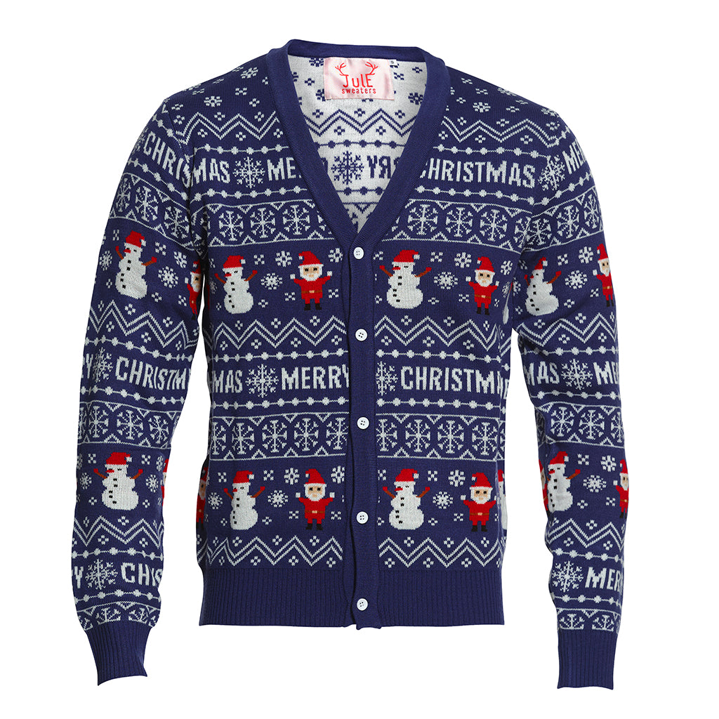 En blå julecardigan med mønster på.